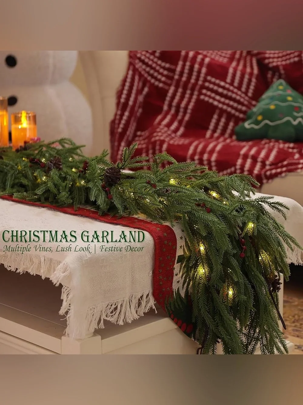6 Feet Christmas Garland Decorations - Real Touch Cedar - Free LED String Lights